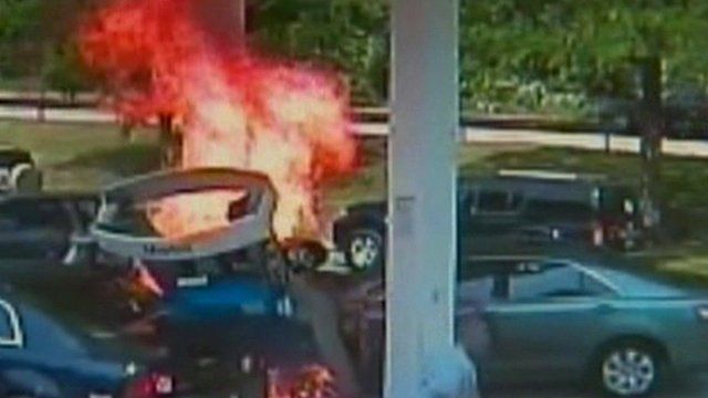 Gas pump explodes into flames after being hit by a car