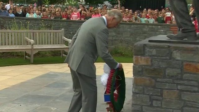 The Prince of Wales lays a wreath at the Welsh National Mining Memorial in Senghenydd