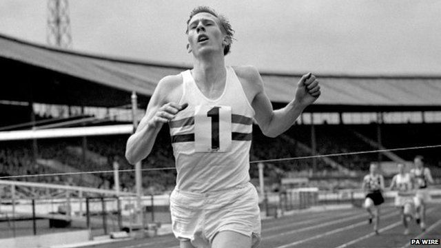 Roger Bannister crosses the line at the Vancouver Games
