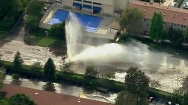 A burst water main on Los Angeles' Sunset Boulevard