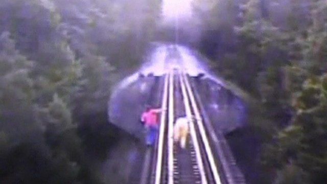 CCTV filmed from inside train as it approaches two women on the railway bridge