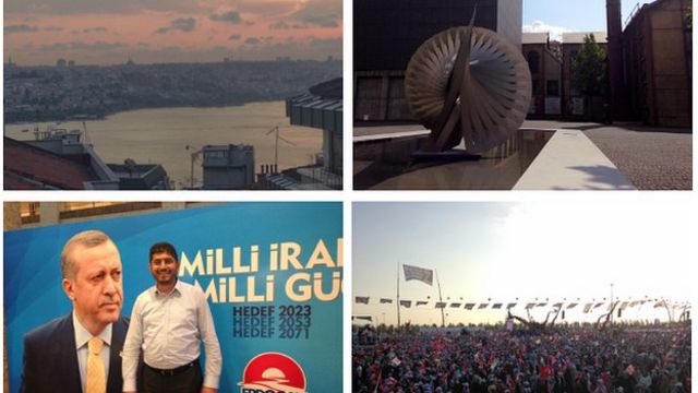 A view over Istanbul; outside Bilgi University; Yavuz Değirmenci; and a rally for Prime Minister Erdogan.