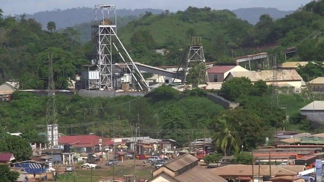 Aerial view of the town and mine in Obuasi, Ghana