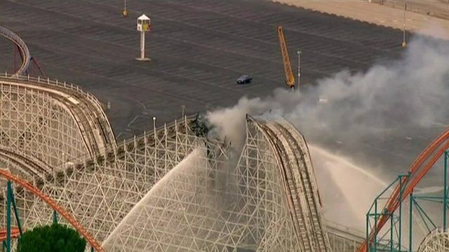 The Colossus ride at Southern California's Magic Mountain park on fire