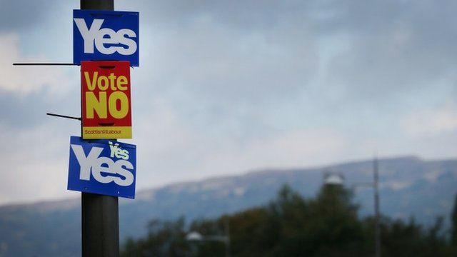 Yes and No campaign placards adorn a lamp post in sight of the Campsie Fells on September 16, 2014 in Glasgow, Scotland