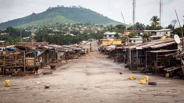 An empty local market area is seen, as Sierra Leone government enforces a three day lock-down on movement of all people in a attempt to fight the Ebola virus, in Freetown, Sierra Leone.