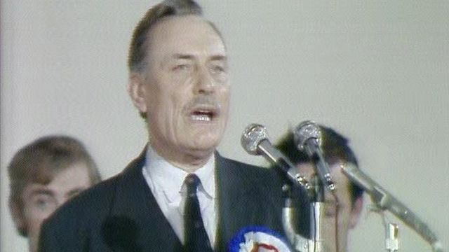 Enoch Powell delivers his victory speech following his election in South Down in October 1974