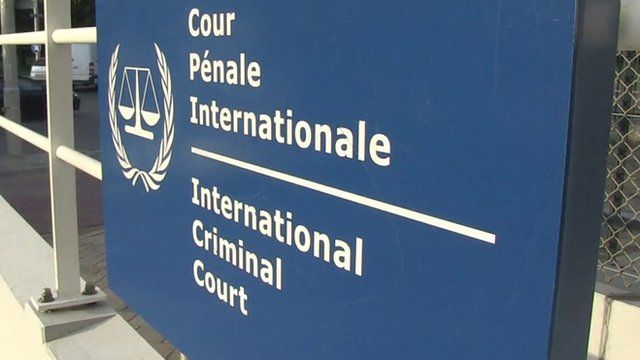 Sign outside ICC, The Hague, file pic