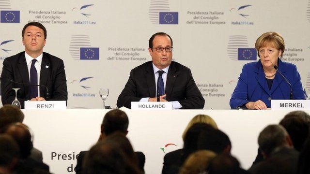 L-R) Italian Premier Matteo Renzi with German Canchellor Angela Merkel and French President Francois Hollande during the press conference following an European Union (EU) extraordinary summit "Growth and Employment" in Milan, Italy, 08 October 2014.