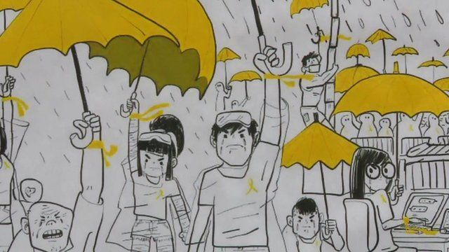 Close-up of cartoon-style artwork on Hong Kong street showing protesters with yellow umbrellas