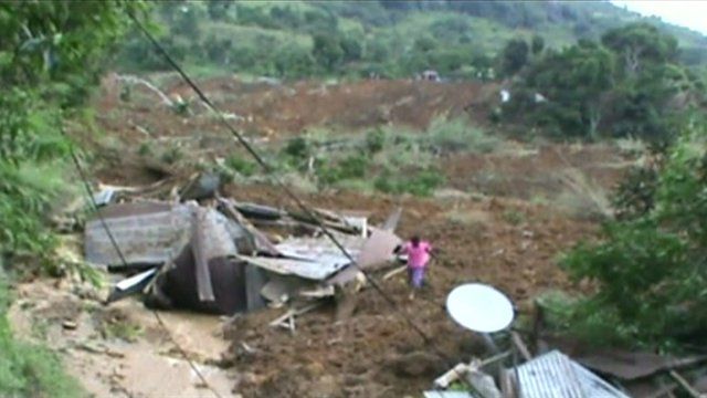 Destroyed house on slope where landslide struck