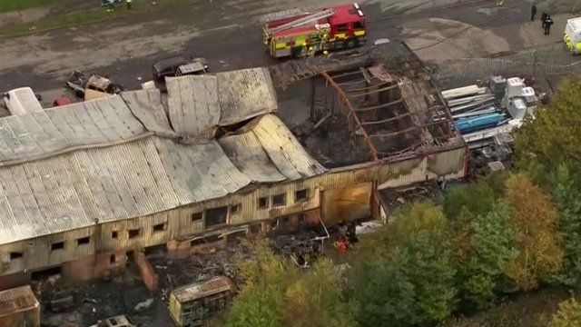 The burnt out remains of the fireworks warehouse in Stafford