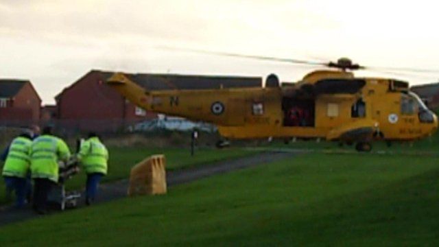 RAF rescue helicopter taking patient to hospital