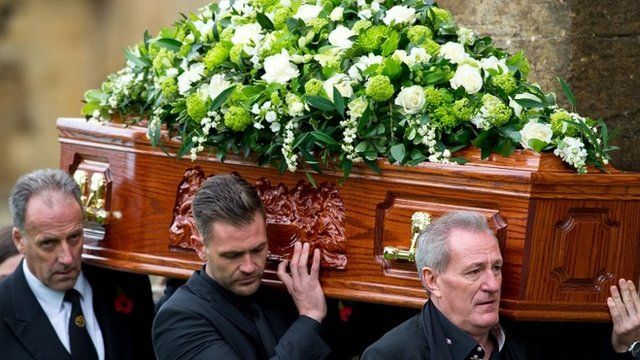 Lynda Bellingham's husband Michael Pattemore and sons carrying her coffin