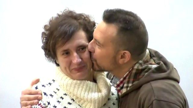 Teresa Romero being kissed on the cheek by he partner