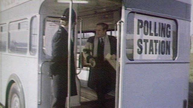 A voter makes his way out of the polling station bus in Essex during the general election of 1979