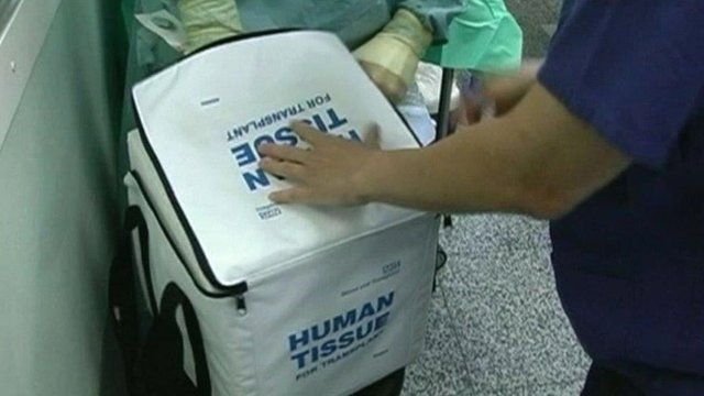 A human organ for transplant is packed away for transportation