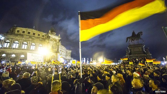 Pegida rally outside the Semperoper opera house in Dresden on 22 December 2014