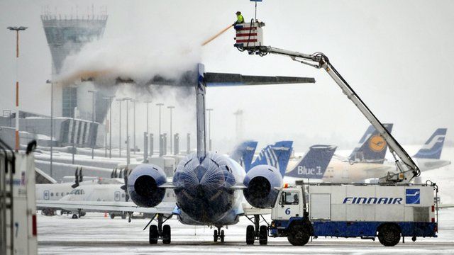 Plane being de-iced at Helsinki airport