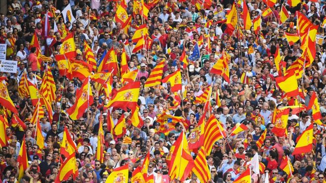 Pro-Unity rally marches through Barcelona in response to disputed referendum on Catalan independence on October 8, 2017