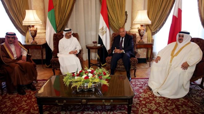 Foreign ministers of (from left) Saudi Arabia, UAE, Egypt, and Bahrain sit at a meeting to discuss the diplomatic situation with Qatar, in Cairo, Egypt (July 5, 2017)