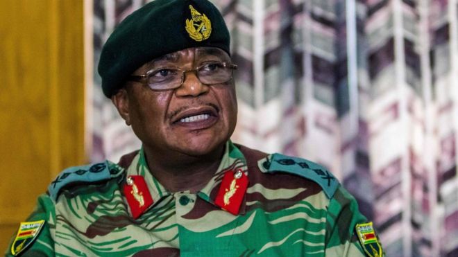 Zimbabwe Army General Constantino Chiwenga Commander of the Zimbabwe Defence Forces addresses a media conference held at the Zimbabwean Army Headquarters on November 13, 2017 i