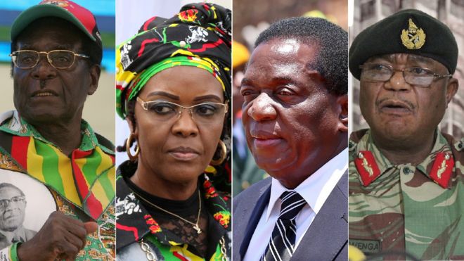 Mugabe na mkewe wamezozana na aliyekuwa makamu wake Emmerson Mnangagwa (pili kulia) na mkuu wa majeshi Jenerali Constantino Chiwenga