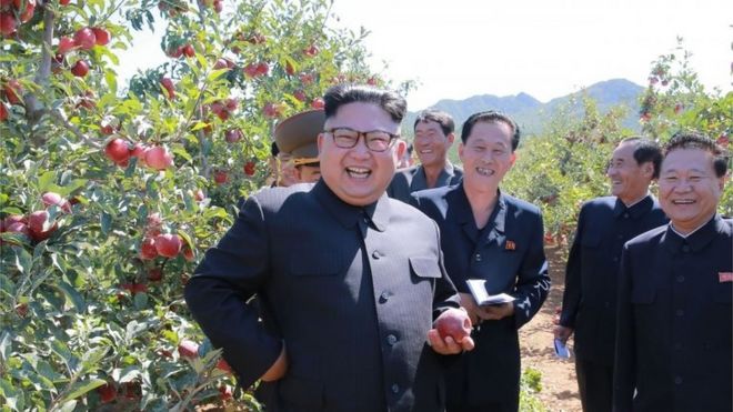 This undated picture released from North Korea's official Korean Central News Agency (KCNA) on September 21, 2017 shows North Korean leader Kim Jong-Un visiting a fruit farm at Kwail County, South Hwanghae Province.