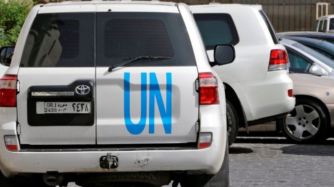 UN vehicles in Damascus, 19 April