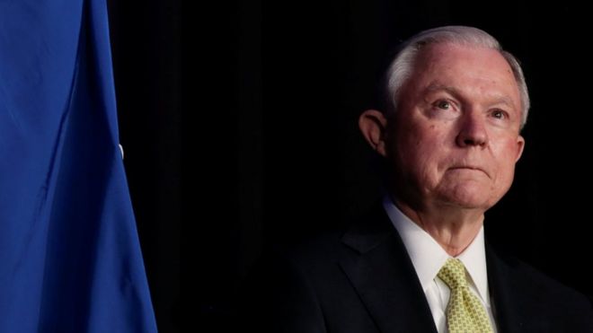 Attorney General Jeff Sessions waits to make an address