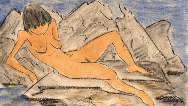 "Mujer desnuda recostada cerca al agua", por Otto Müeller.