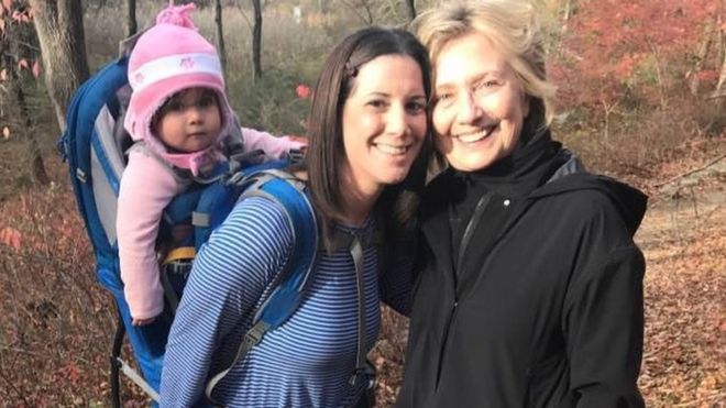 Picture of Margot Gerster, her baby and former US presidential candidate Hillary Clinton