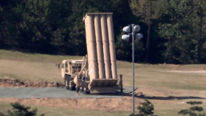 A Terminal High Altitude Area Defense (THAAD) launcher sits at a golf course in Seongju, some 300km southeast of Seoul, South Korea, 1 May 2017 (reissued 2 May 2017)