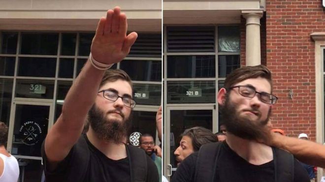 A composite photo showing a white supremacist being punched after giving a Nazi salute