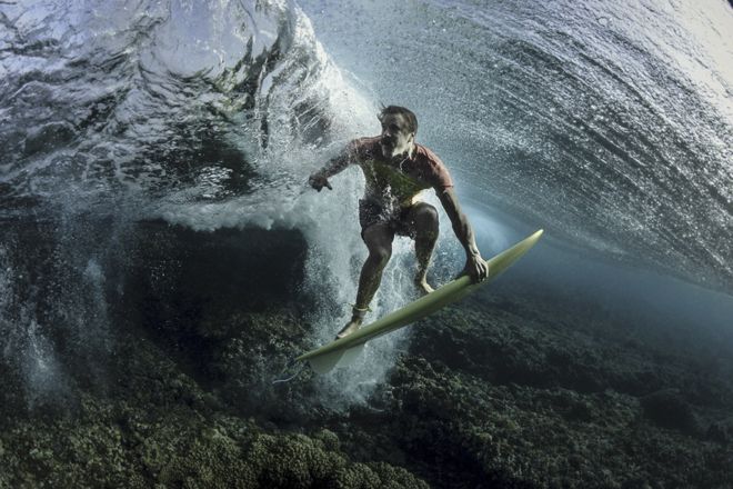 An underwater shot of pro surfer Donavon Frankenreiter