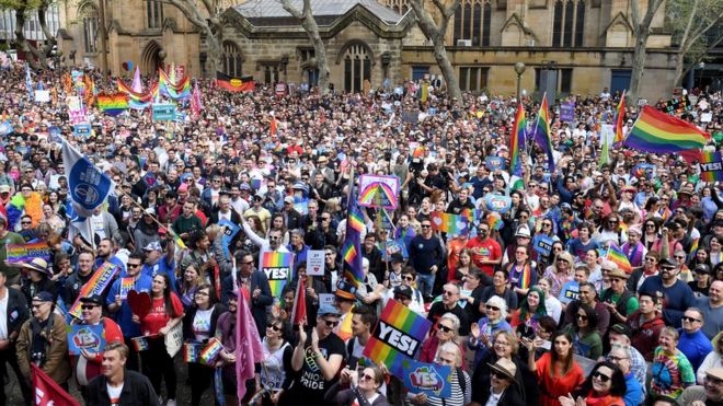 Protestors gathering in central Sydney, thousands are seen with signs and rainbow flags