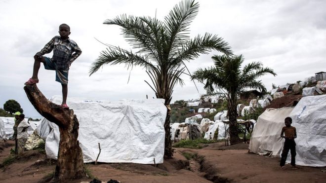 A young Congolese boy stood on a tree stump at a camp for Internally Displaced Persons in Kalemie, Democratic Republic of the Congo. Behind him are two large palm trees and several makeshift camps.