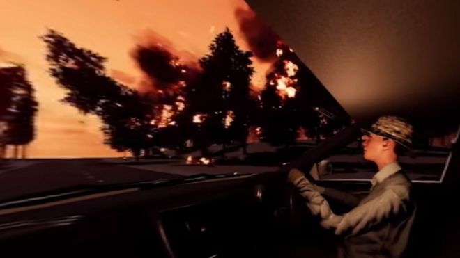 A scene from the simulation shows a tree falling in front of a motorist amid a bushfire