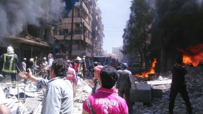 Photo posted online by the Local Co-ordination Committees, an opposition activist network, purportedly showing the aftermath of an air strike on a makeshift hospital in the Shaar district of Aleppo (8 June 2016)