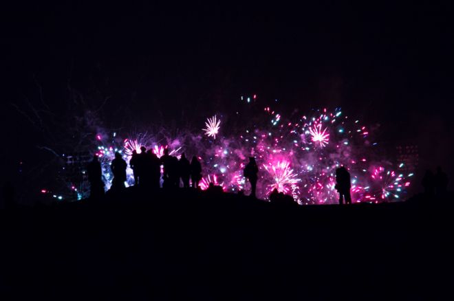A crowd in front of fireworks