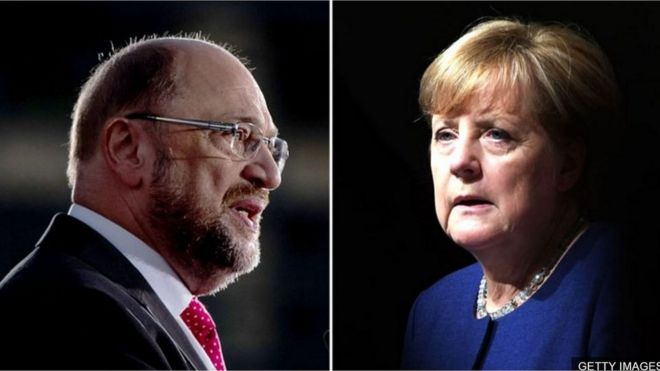 Martin Schulz và Angela Merkel là các đối thủ chính