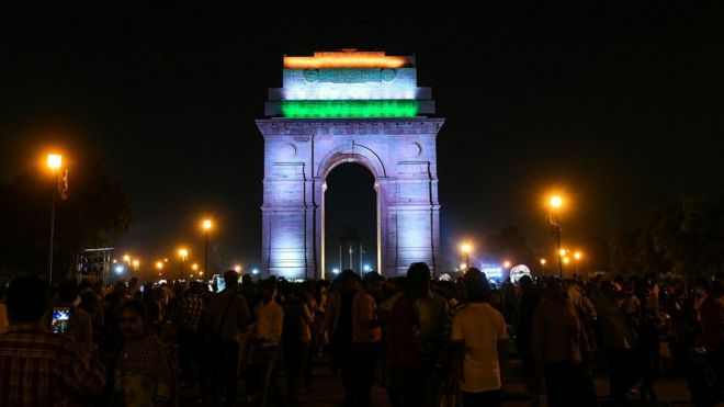 The landmark India Gate monument before the lights were switched off during the Earth Hour campaign in New Delhi.