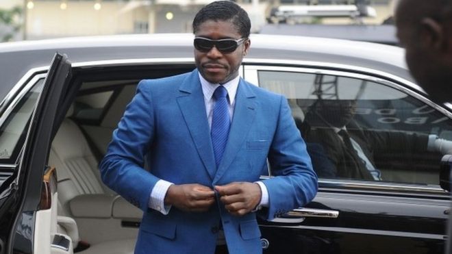 File photo taken on 24 June 2013 shows Teodoro (aka Teodorin) Nguema Obiang, son of Equatorial Guinea president, arriving at Malabo stadium