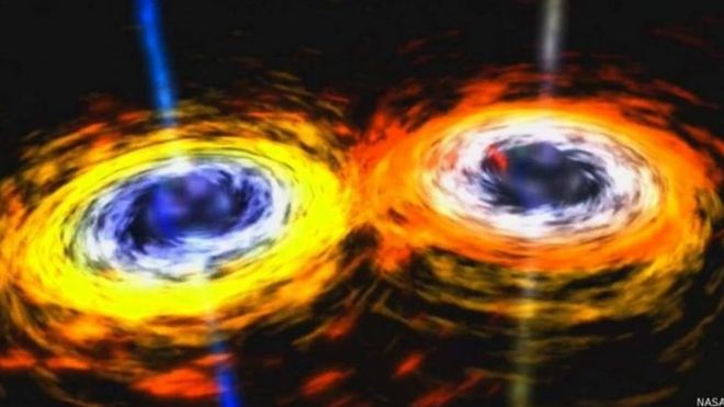Imagen recreando la colisión de dos estrellas o agujeros negros.