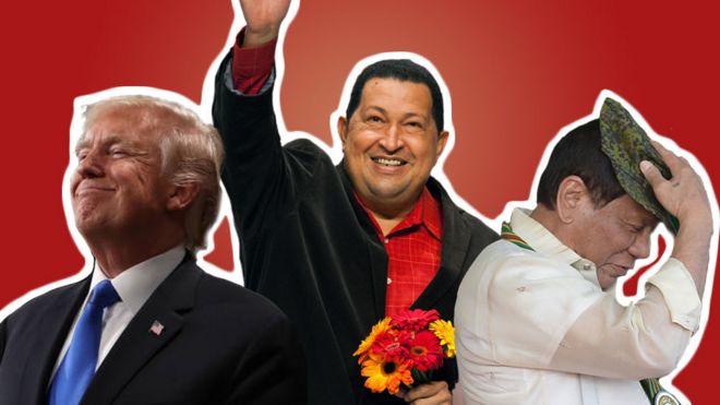 Donald Trump, Hugo Chávez y Rodrigo Duterte (de izquierda a derecha).