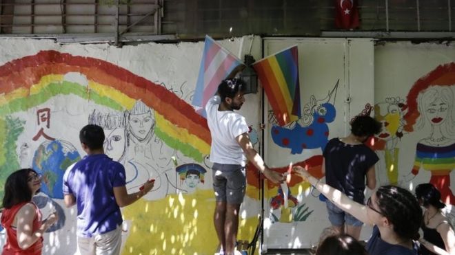 Activists paint walls in rainbow colours during ahead of the annual Gay Pride march in Istanbul, Turkey. Photo: 24 June 2017