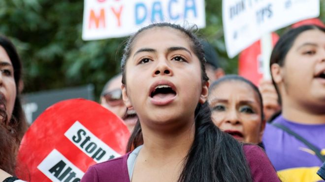 Rocio, a Daca programme recipient, at a rally outside the Federal Building in Los Angeles, California. Photo: 1 September 2017