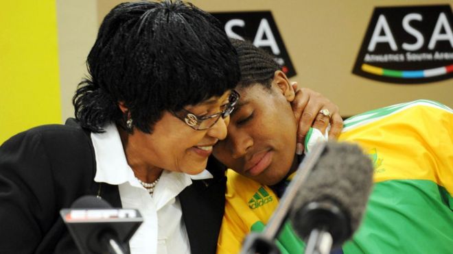 Winnie Mandela and Caster Semenya talk to press during the Team SA Press Conference at the Holiday Inn on August 25, 2009 in Johannesburg, South Africa