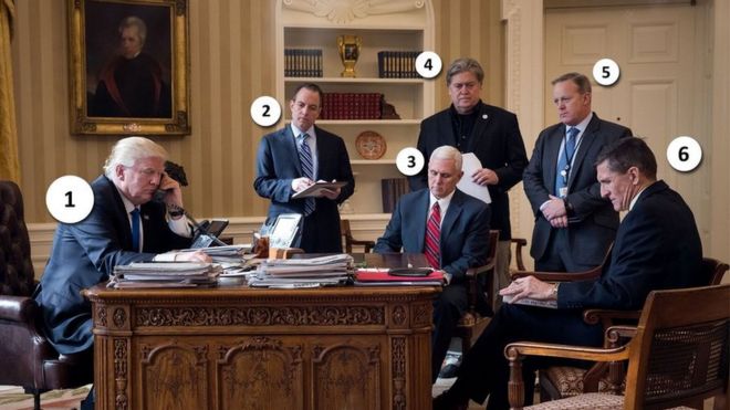 Trump, Priebus, Pence, Bannon, Spicer y Flynn en la Oficina Oval.
