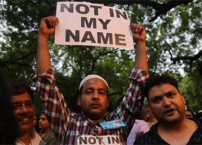 Indian people hold placard during a "Not in my Name" protest against spate of anti-muslim killings in India,in New Delhi, India, 28 June 2017